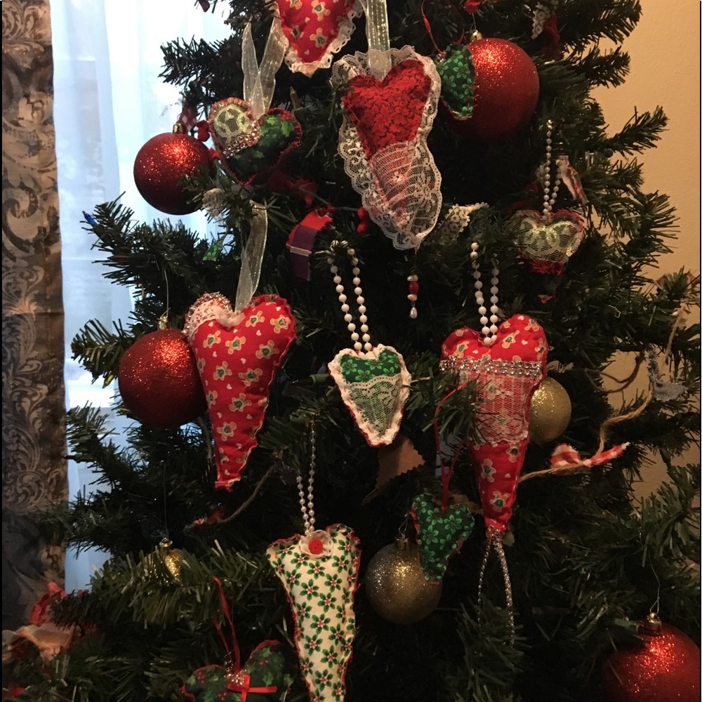 Set 12 Handmade Farmhouse chic heart ornaments